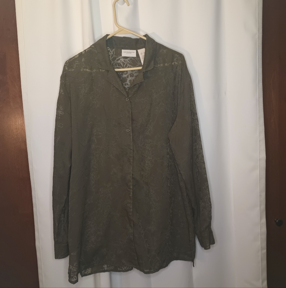 Liz Claiborne Forest Fairy Grunge Sheer Floral Button Up Top XL Green Crinkle